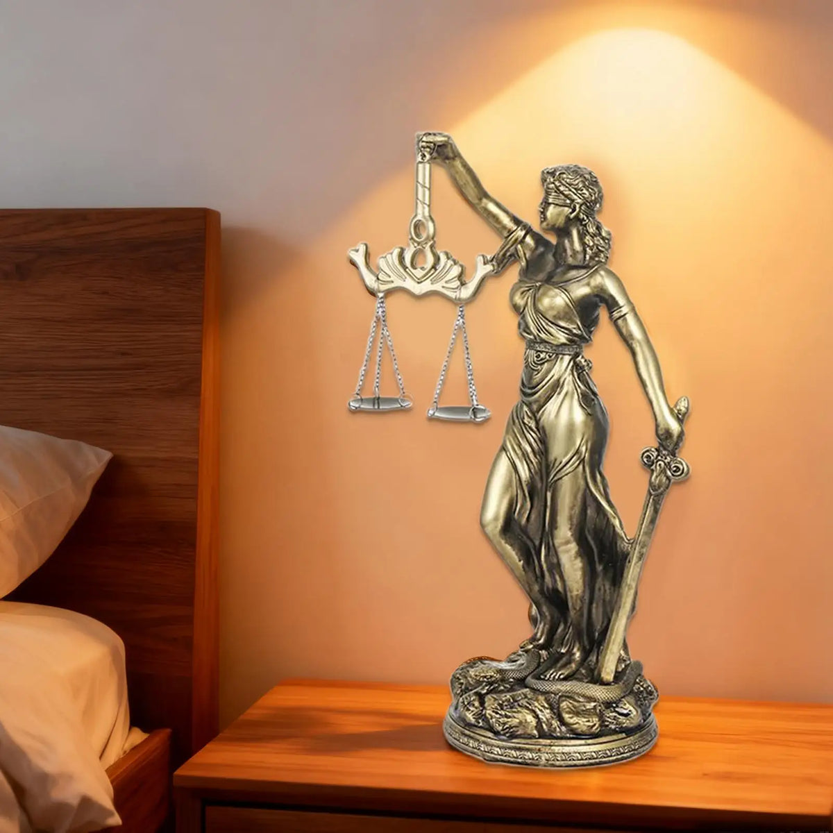 statue justice dorée sculptural maison livres lampes classique détaillée motifs décoratifs base