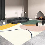 Un salon élégant et moderne avec un canapé moelleux, un tapis coloré et une cheminée attrayante, créant une atmosphère chaleureuse et accueillante.