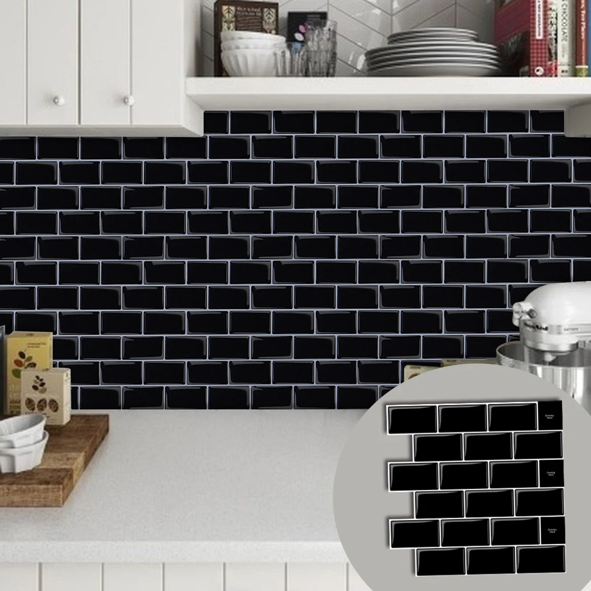 sticker mural 3d noir blanc effet brique moderne adhésif carreaux cuisine décoration auto collant