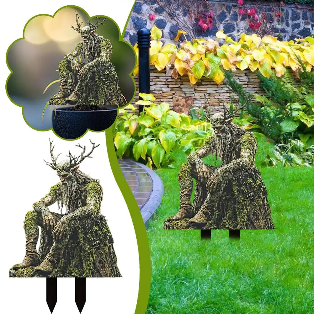 statue jardin artisanale feuilles racines mousse vert brun beige fantaisie extérieure noël