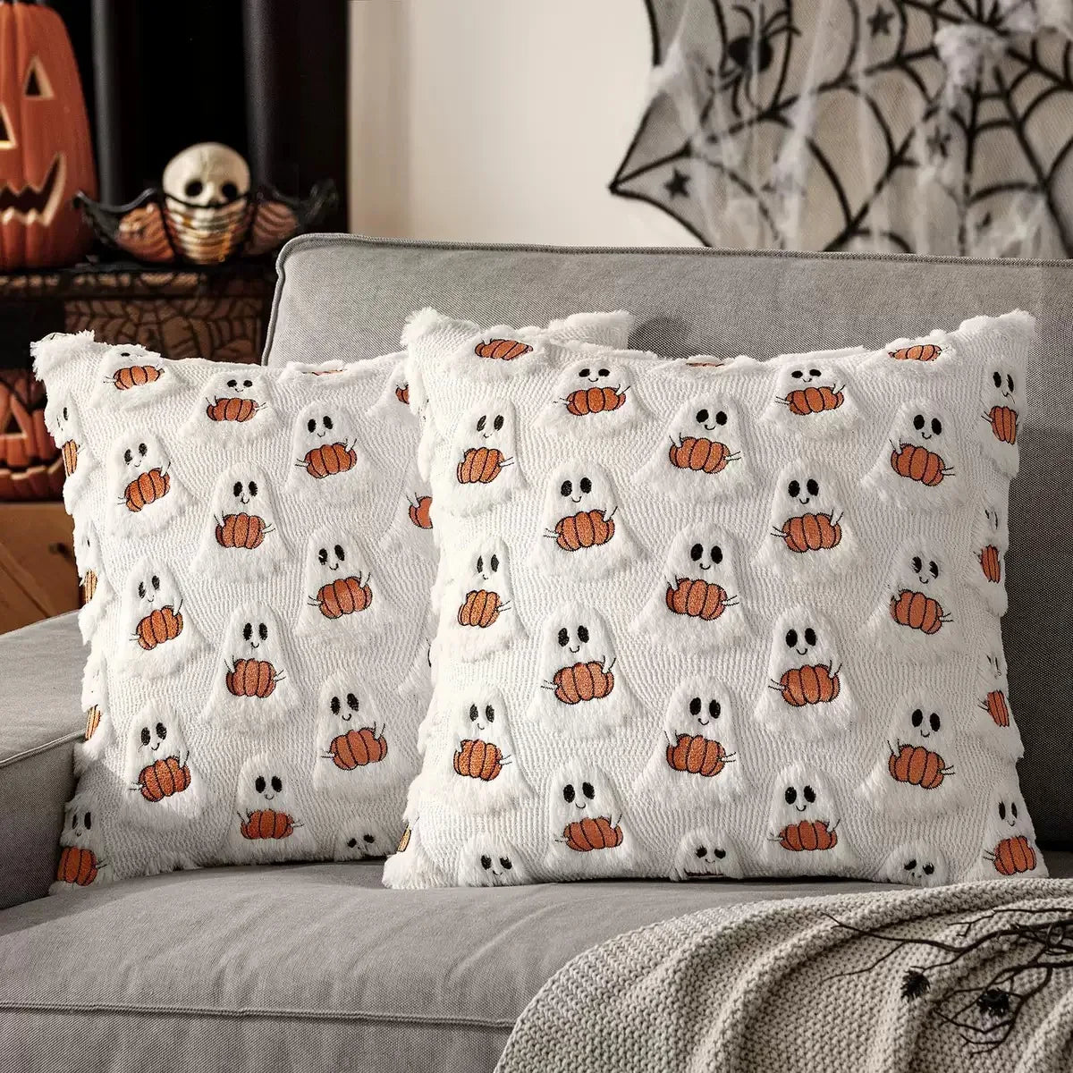 coussin halloween fantômes blancs oranges amovible lavable moderne zip caché
