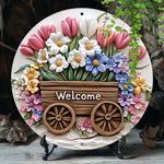 plaque décorative fleurs relief welcome bois couleur rose blanc marron pastorelle 20cm diameter