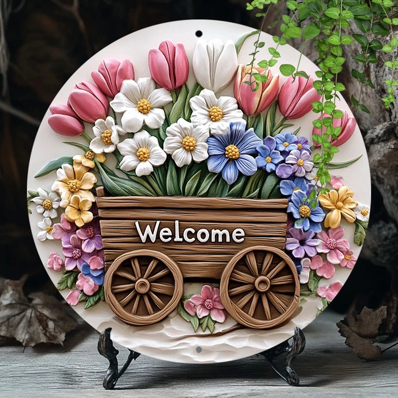 plaque décorative fleurs relief welcome bois couleur rose blanc marron pastorelle 20cm diameter