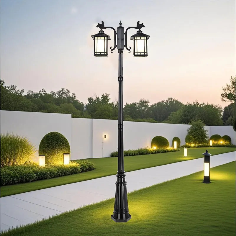Lampadaire led extérieur étanche noir bronze classique deux têtes abatjour transparent ip65 flux lumineux
