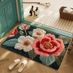 tapis moderne floral relief vert foncé rose blanc entrée bain lettres cœur feuilles