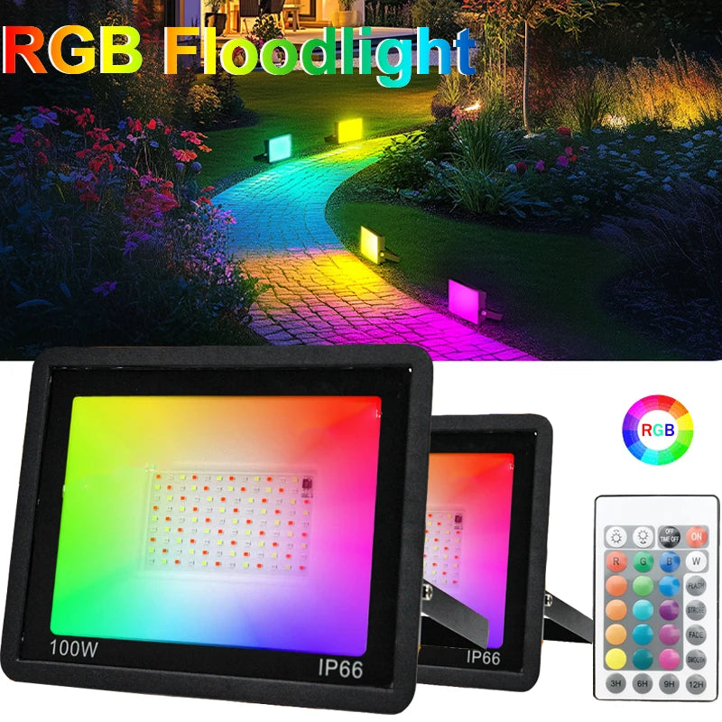 projecteur led rgb 100w ip66 moderne noir télécommande effets lumineux