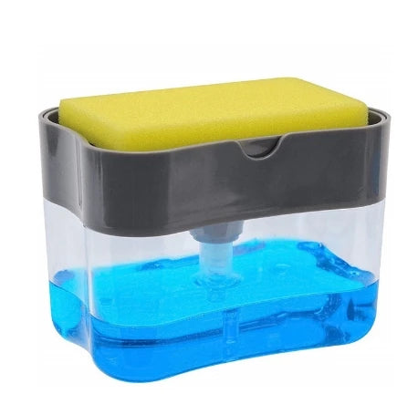 distributeur savon liquide éponge intégrée adhésif transparent gris jaune vert moderne pratique