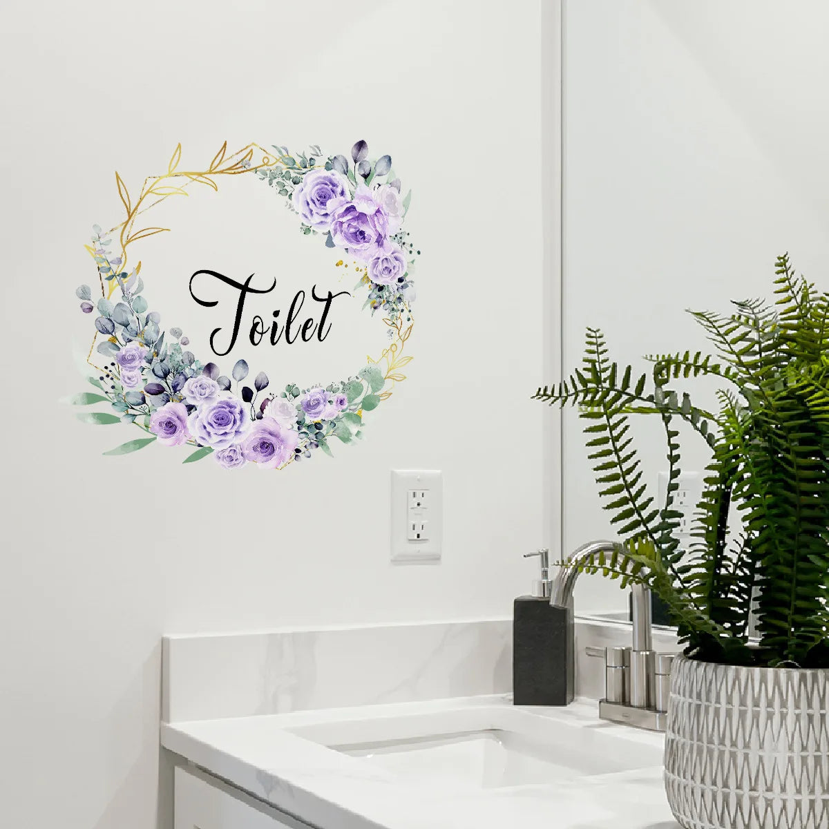 autocollant mural violet vert doré rose feuilles classique adhésif toilet salle bains décoration maison