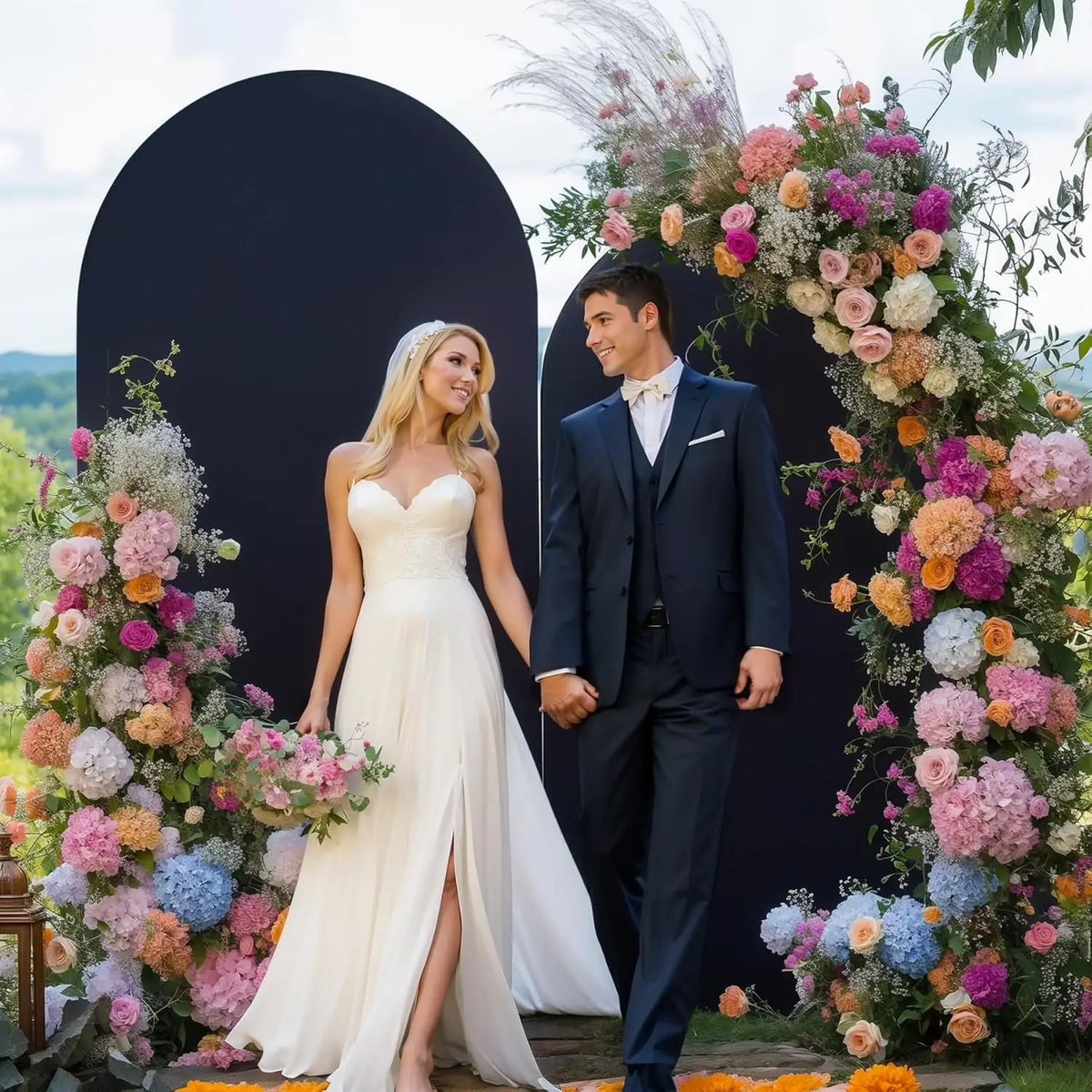 arche decorative mariage noir polyestere moderne pieds metalliques 100x200cm 120x220cm 50x120cm 65x150cm 80x180cm