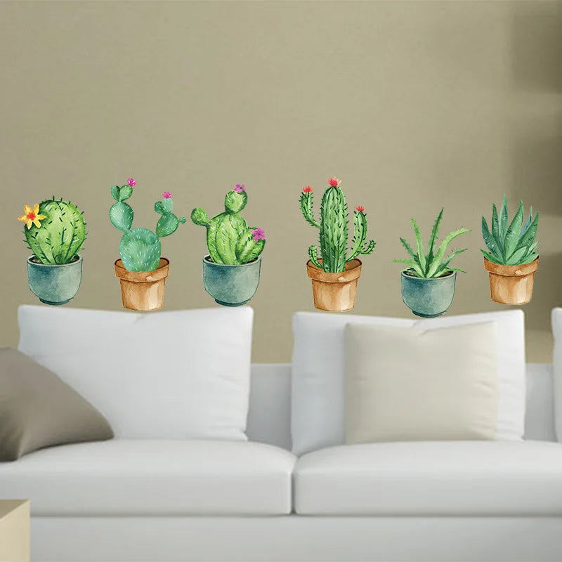 sticker mural cactus floral illustration aquarelle adhésif vert beige bleu