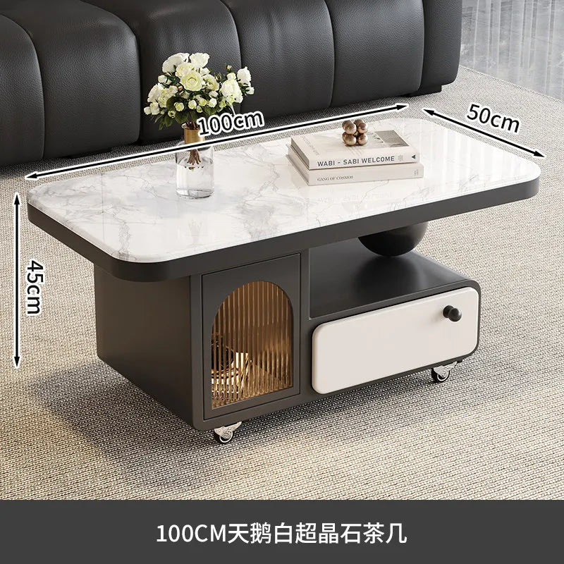 table basse moderne marbre noir tiroir roulette salon minimaliste italien