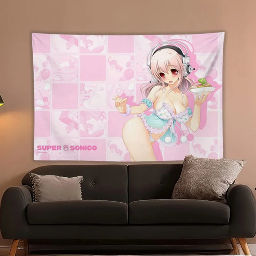 tapisserie murale anime illustration fille écouteurs fond géométrique blanc rose gris beige