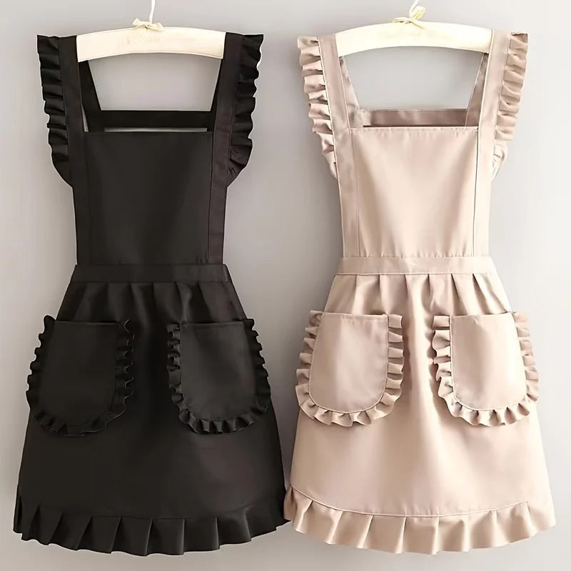 tablier marron noir beige clair ruches bordures attaches epaules poche avant classique opacite toile