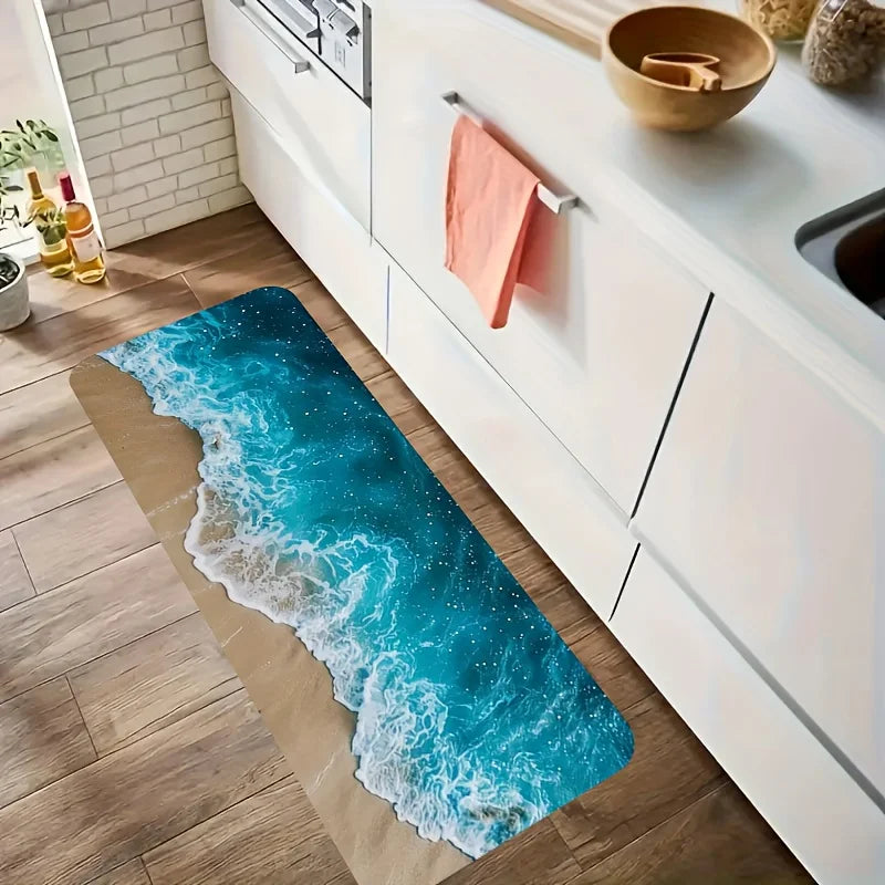 tapis sol bleu beige ondes mer sable moderne résistant intérieur extérieur plage