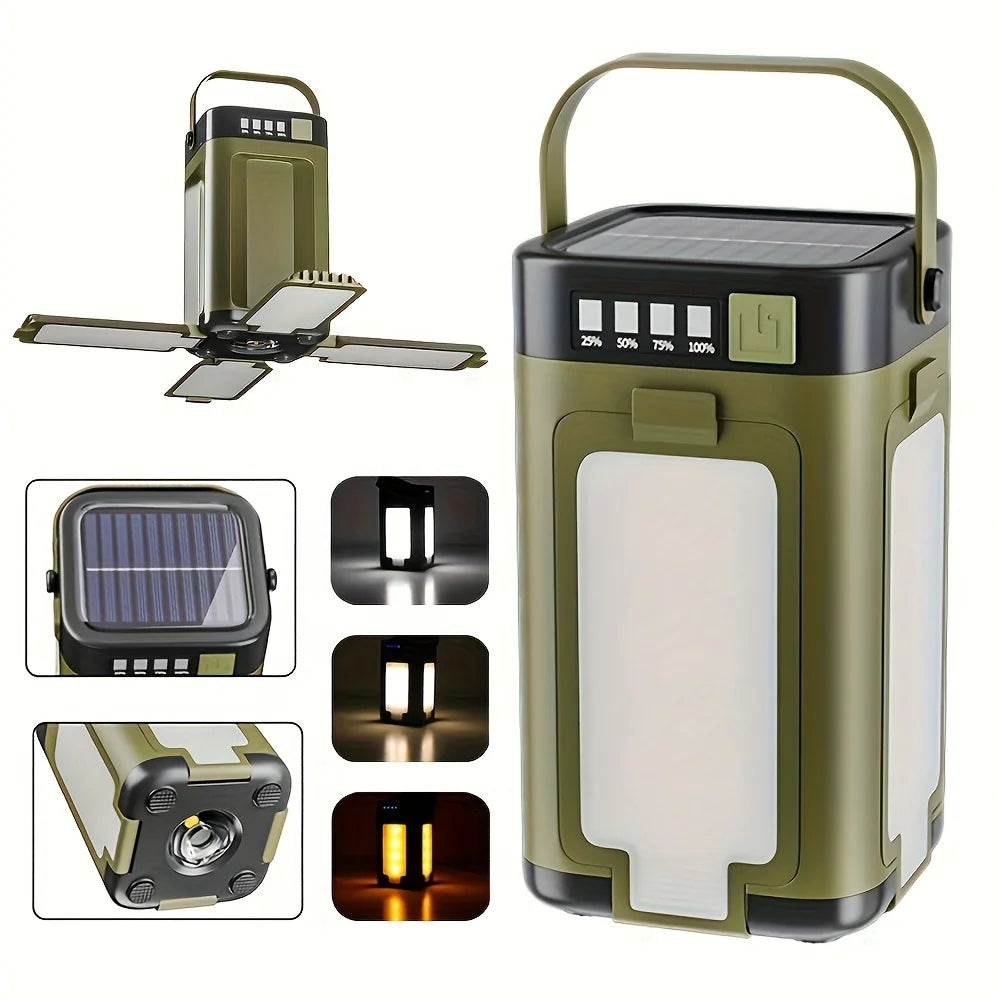 lampe camping led rechargeable projecteur portable annuel solaire torche multifonctionnelle panneaux rétractables indicateur batterie