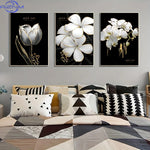 toiles d'art moderne élégantes fleurs stylisées coeurs dorés blanc noir sans cadre