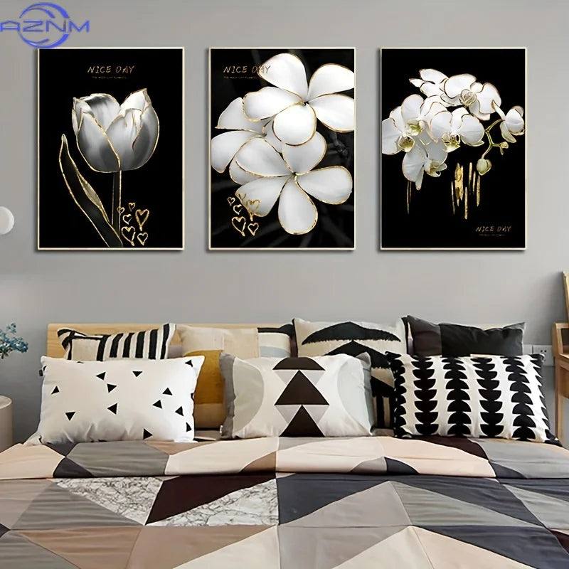 toiles d'art moderne élégantes fleurs stylisées coeurs dorés blanc noir sans cadre