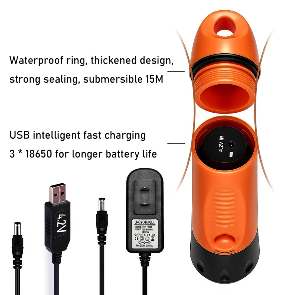 lampe torche plongée haute luminosité 30w orange noire texture grip moderne pratique