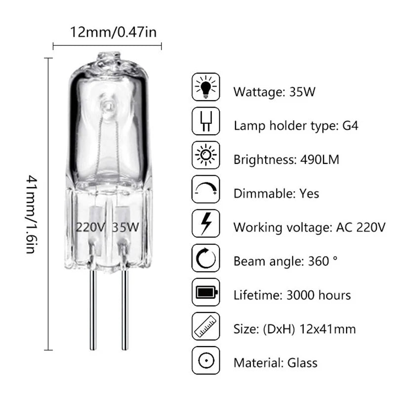 ampoules halogènes transparentes 12V 220V G4 G5.3 G9 filament classique 20W 25W 35W 40W