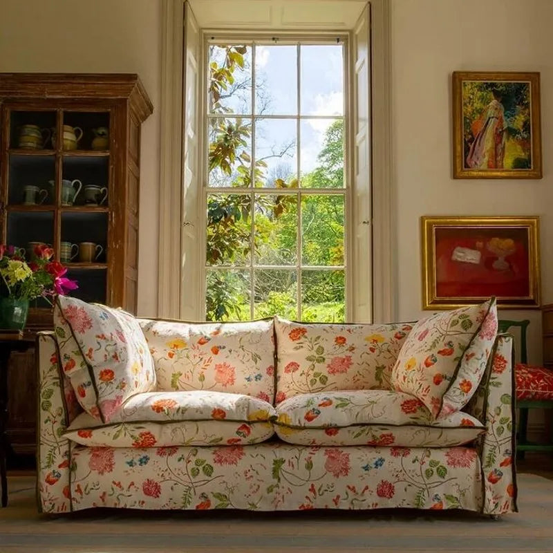 canapé d'angle bois multicolore motif floral coussins classique minimaliste moderne