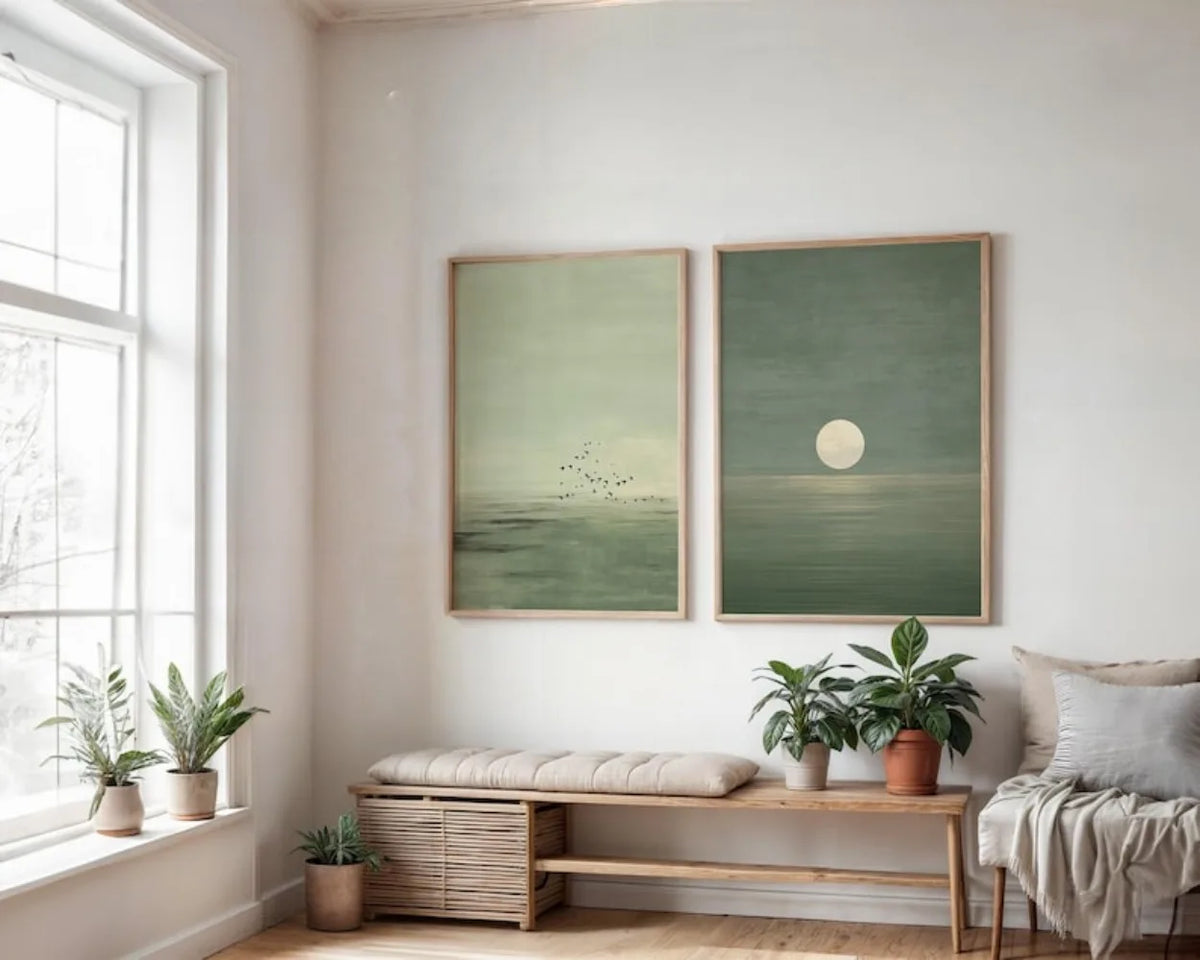 tableaux minimalistes paysage abstraits oiseaux lune vert clair vert foncé contemporains sans cadre bois
