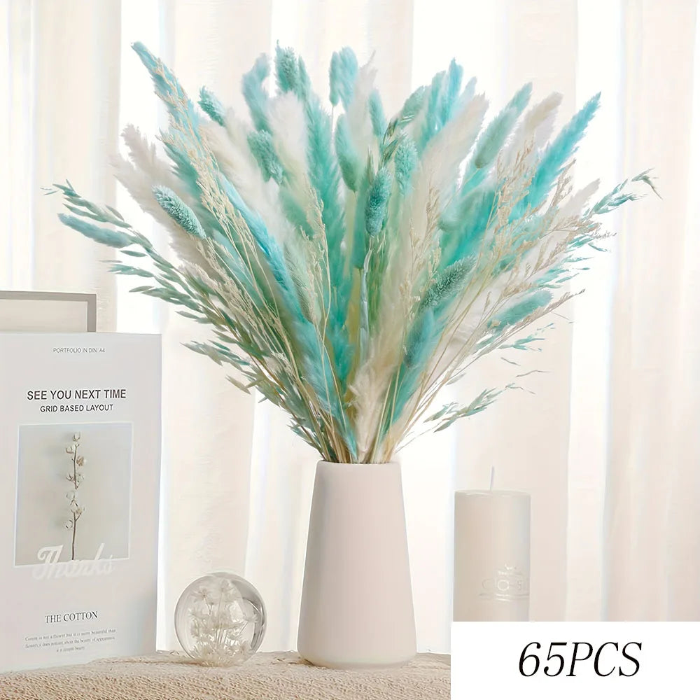 décoration intérieure bouquet pampas bleu blanc naturel vase bougie éléments