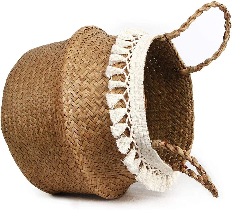 panier tissé marron clair franges blanches boho rangement réutilisable respectueux environnement