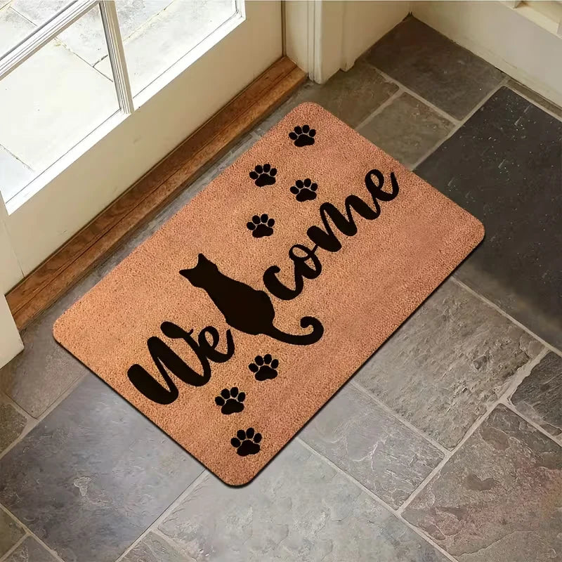 tapis d'entrée moderne antidérapant imprimé chat bienvenue extérieur marron clair beige noir gris
