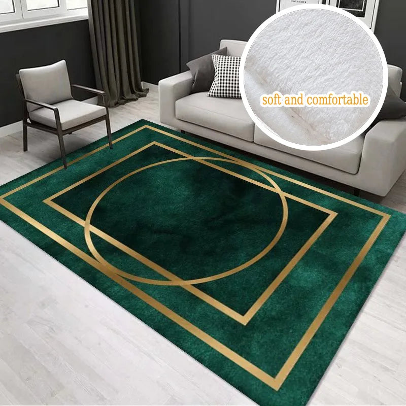 Tapis de sol vert foncé avec motifs géométriques dorés, offrant une touche de luxe et de confort dans cette pièce élégante.