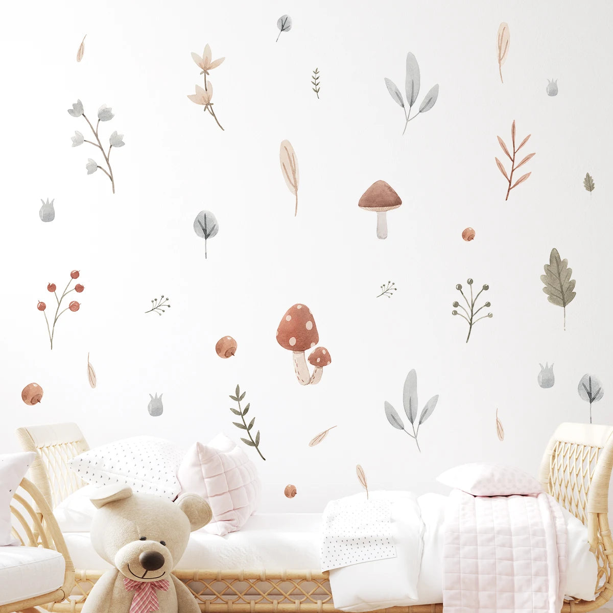 sticker mural dessin animé feuilles champignons fleurs graminées enfants chambre salon DIY