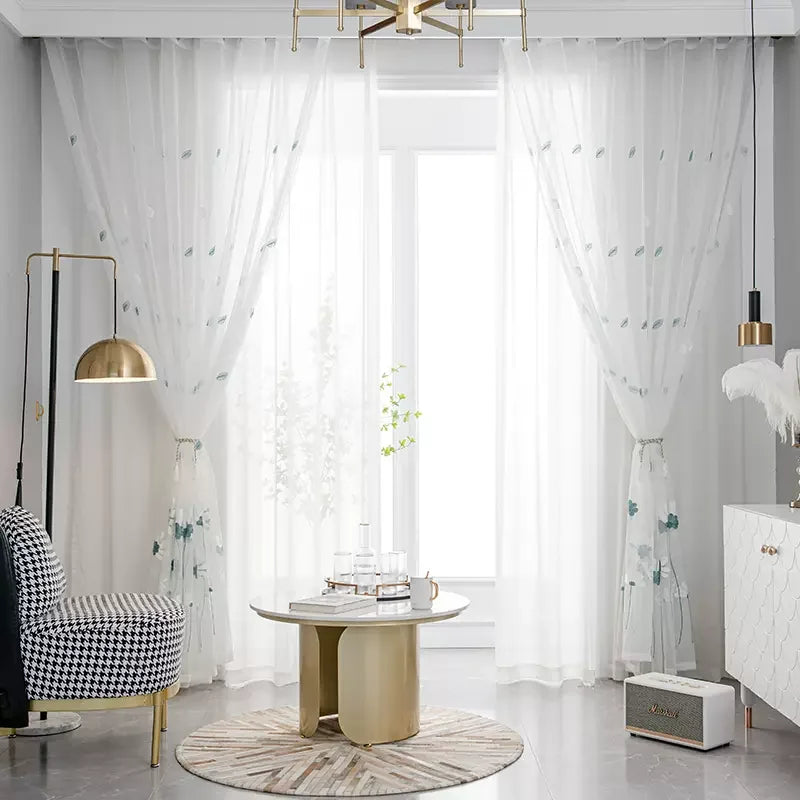 rideau moderne élégant fleurs blanches bleues transparent polyester chambre salon