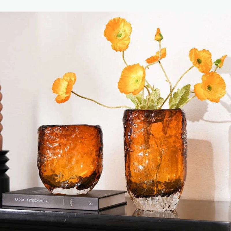 vase verre ambré motif texturé moderne décoration table arrangement fleursbranches fleurs séchées poppies physalis