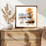 toile broderie paysage automnal héron arbres feuilles herbe eau kit diy blanc orange instructions