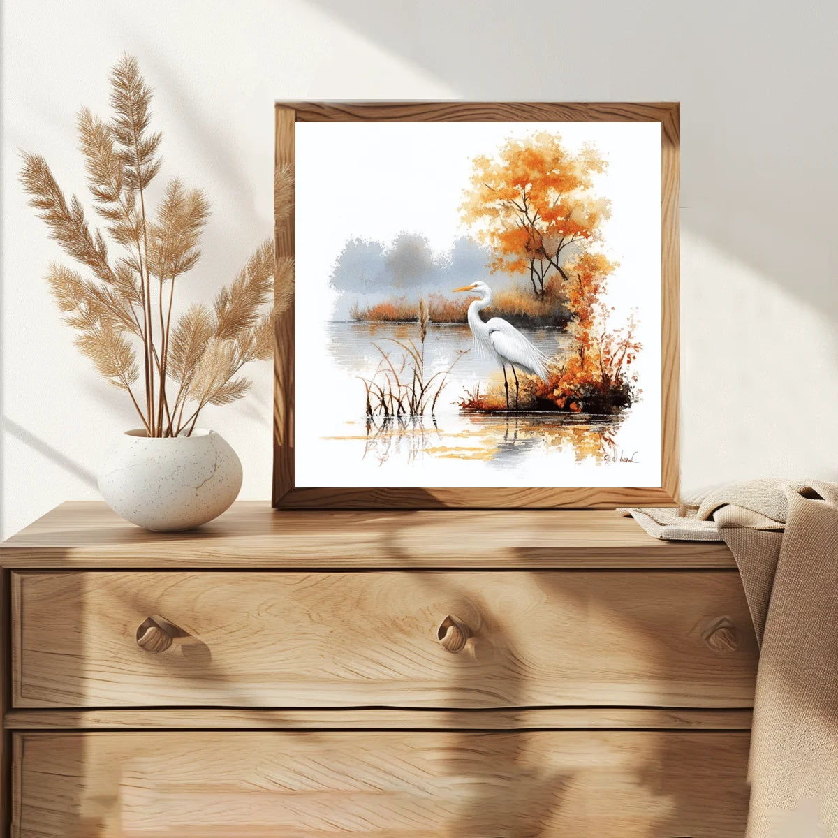 toile broderie paysage automnal héron arbres feuilles herbe eau kit diy blanc orange instructions