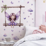 sticker mural illustration fée balançoire papillons coeurs nuages chambre enfant violet beige vert blanc