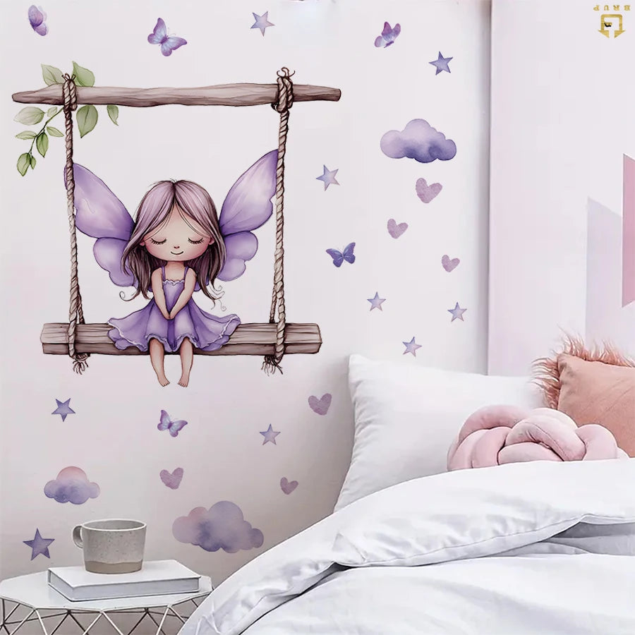 sticker mural illustration fée balançoire papillons coeurs nuages chambre enfant violet beige vert blanc