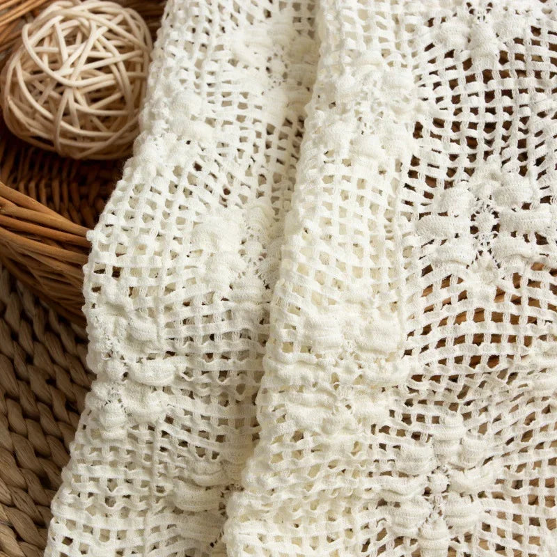plaid traditionnel crocheté pompons blanc crème haute qualité absorption materiau coton elasthanne artisanal decoration