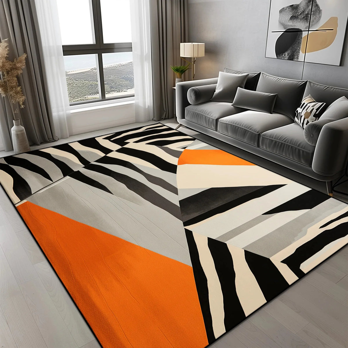 tapis géométrique moderne noir gris orange antidérapant facile nettoyer triangles cercle salon chambre