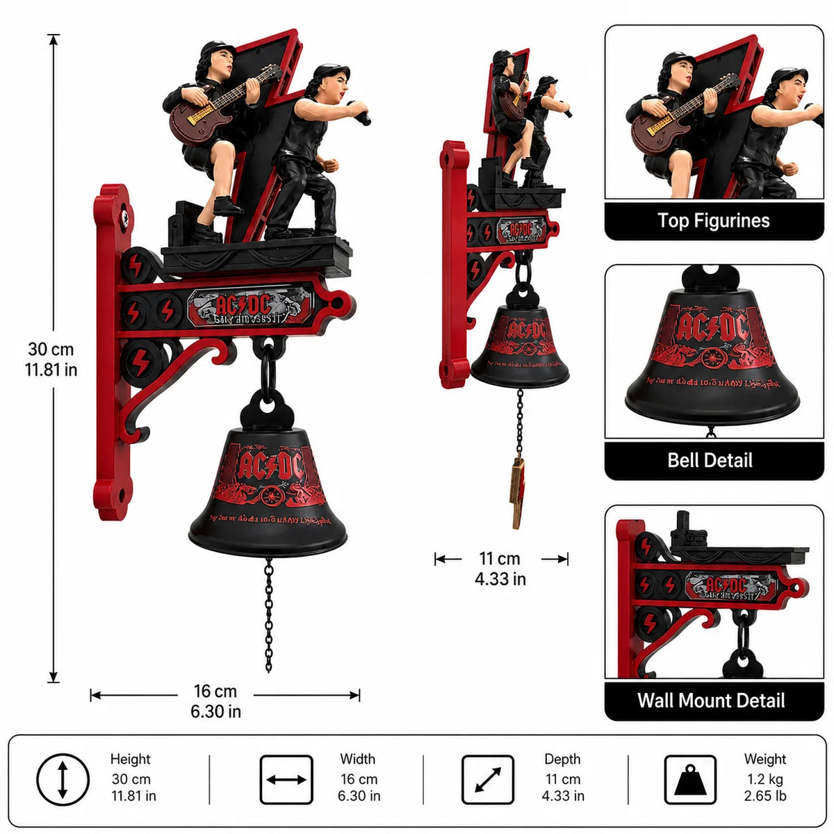 cloche décorative résine figurines ac/dc rock mural artisanal rouge noir foudre guitarist