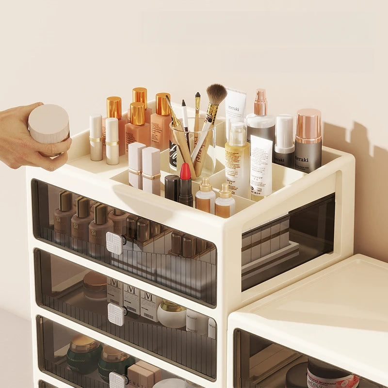boîte rangement tiroirs transparents moderne beige clair compartiments organisation maison maquillage documents A4