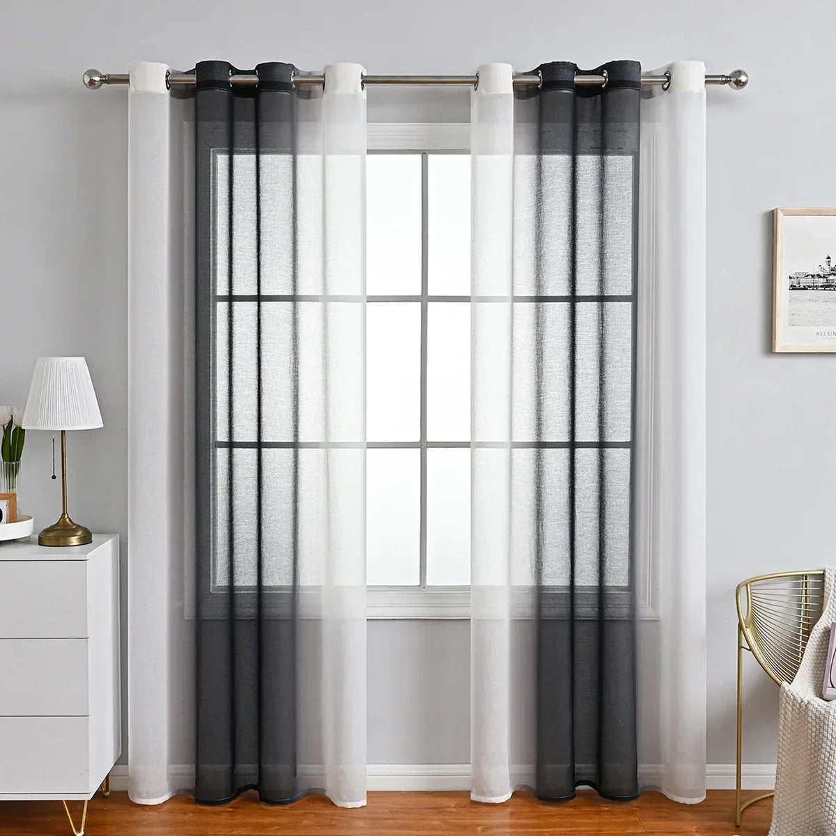 rideau moderne gris blanc ombre translucide 100 polyester panneaux anneaux métalliques chambre salon