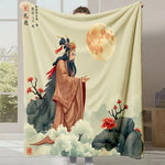 Dans cette image artistique, on peut voir une femme en costume traditionnel chinois, debout devant un paysage fantaisiste avec une lune en arrière-plan. Elle semble admirer la beauté de la scène, évoquant une atmosphère mystique et sereine.