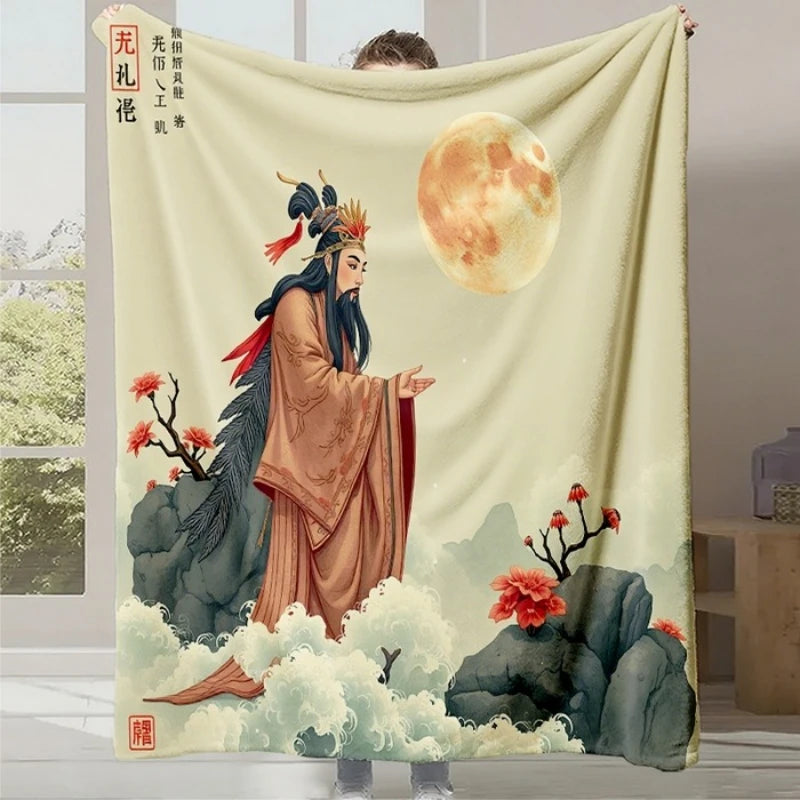 Dans cette image artistique, on peut voir une femme en costume traditionnel chinois, debout devant un paysage fantaisiste avec une lune en arrière-plan. Elle semble admirer la beauté de la scène, évoquant une atmosphère mystique et sereine.