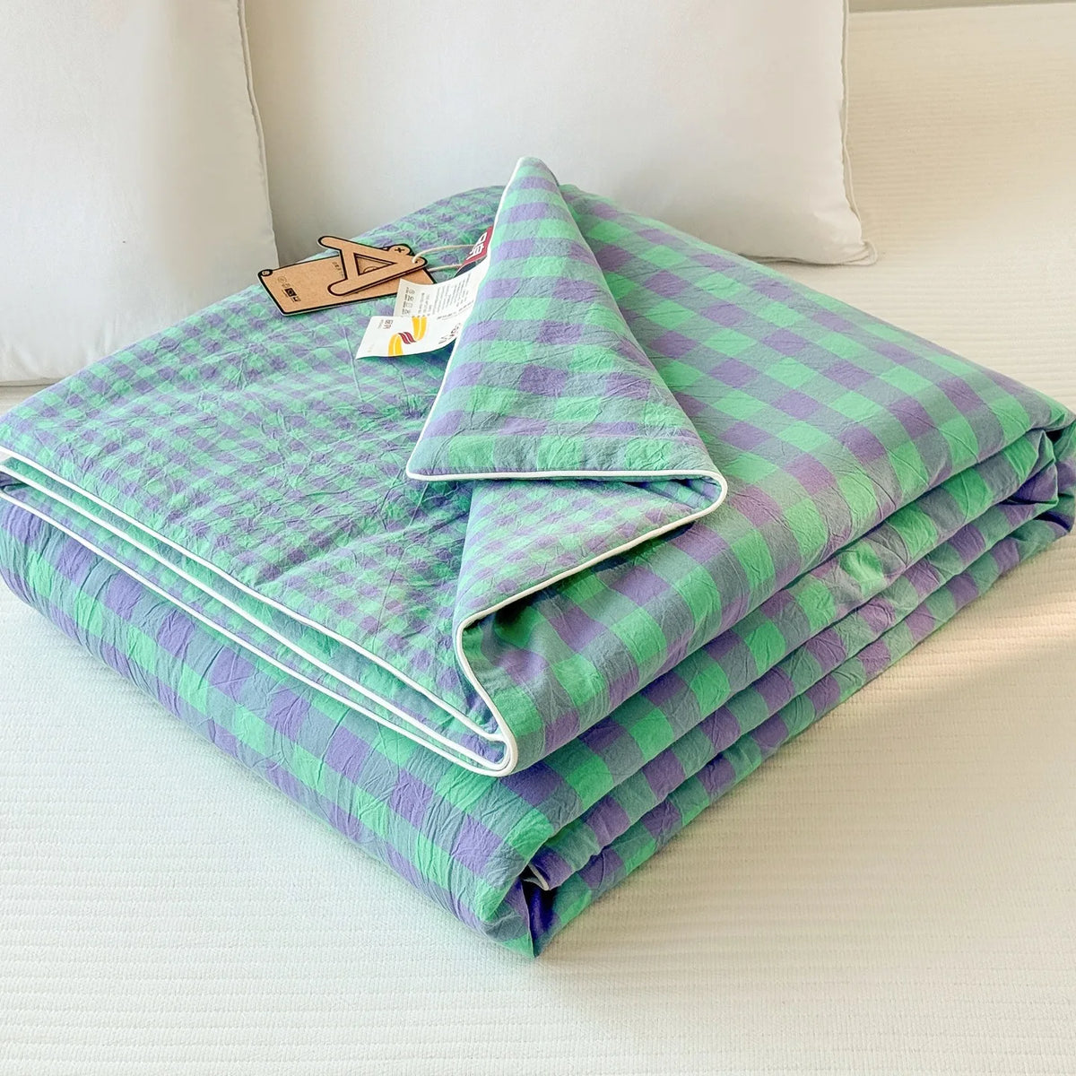couverture d'été légère motif carreaux vert violet moderne chambre maison douce