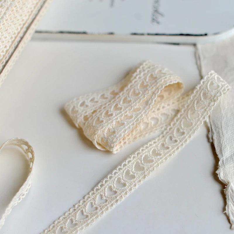 ruban dentelle blanc crème motif coeurs 2cm largeur vintage opacité écolo tissu polyester coton