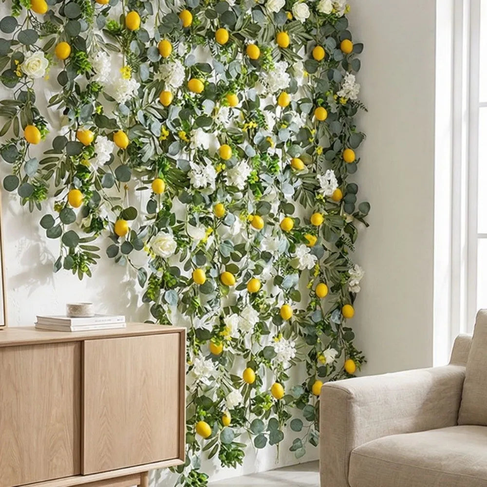 guirlande fleurs artificielles feuilles vertes citrons jaunes fleurs blanches naturel rustique decoration intérieure fête