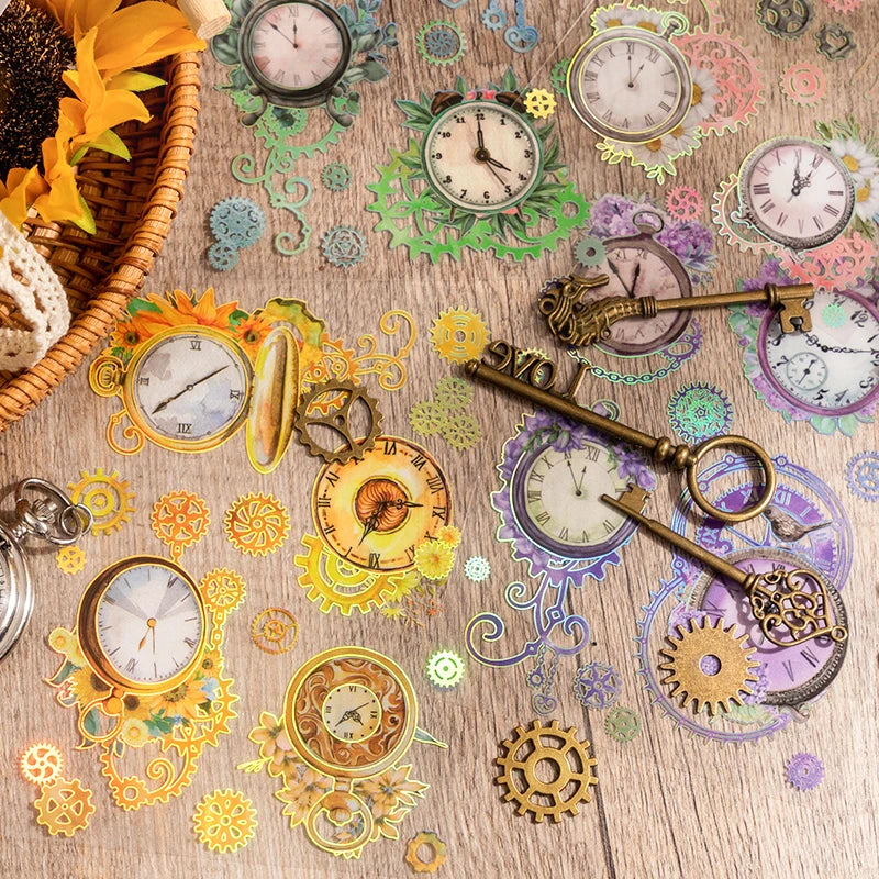 autocollants horloges engrenages fleurs papillons motifs floraux jaune vert violet blanc doré steampunk vintage