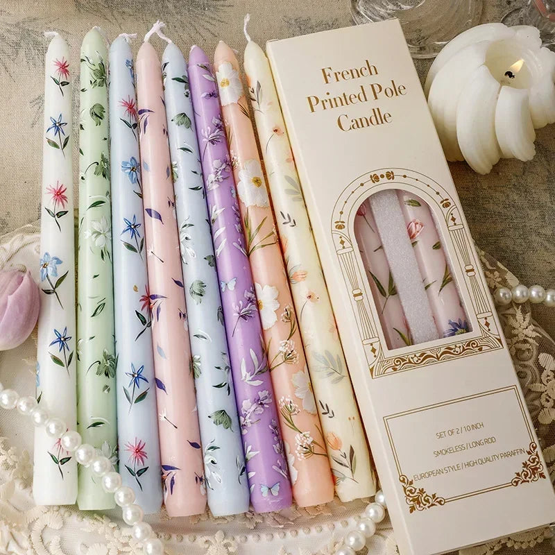 Bougies coniques peintes fleurs vert clair blanc rose violet bleu clair sans flamme aromathérapie