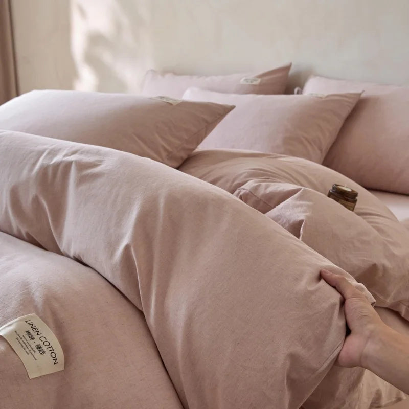 housse couette taies d'oreiller drap literie rose poudré beige gris minimaliste lin coton chambre