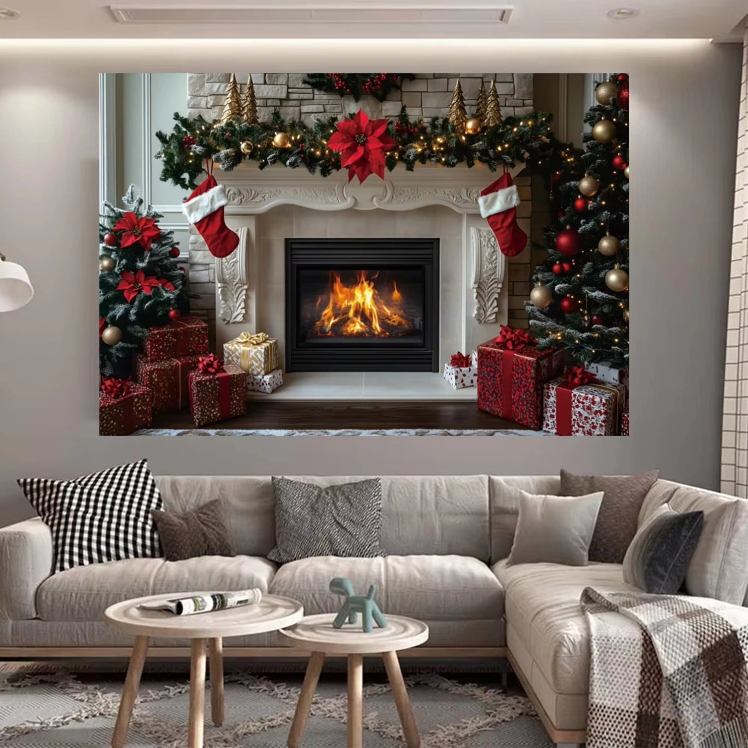 Cheminée décorée avec fond photo vinyle multicolore